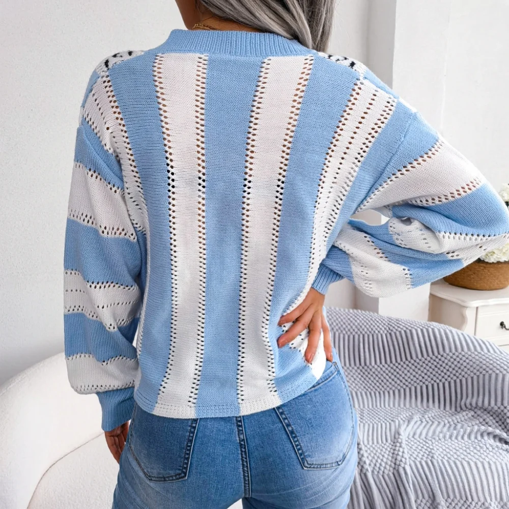 Striped Leopard Print V-Neck Balloon Sleeve Sweater - Picture 6 of 12